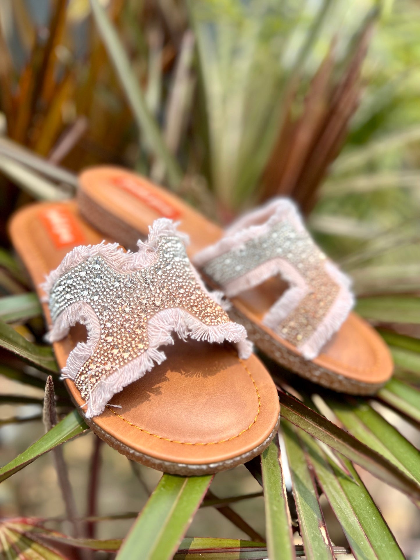 Pink Denim Chic Crystal Glam Slides Sandal Stories