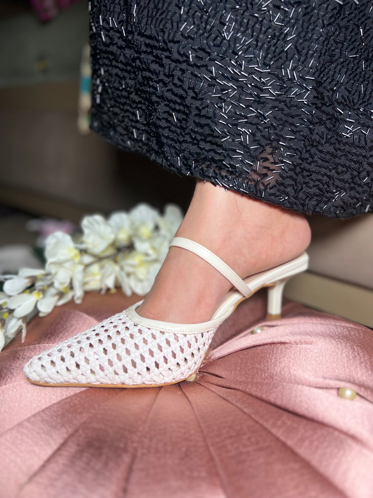 Woven Charm Heels - White