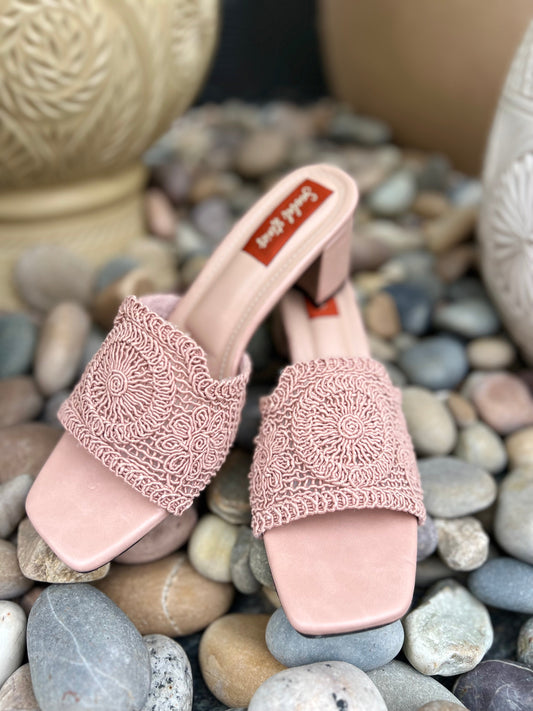 Blush Pink Crochet Block Heels Sandal Stories