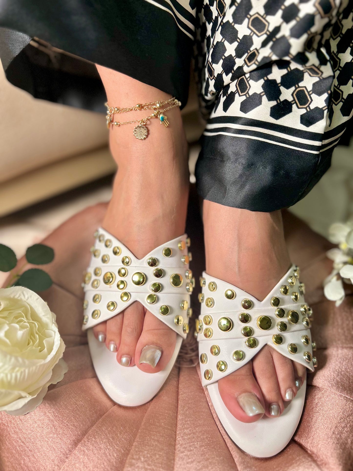Chic Studded Flats – White