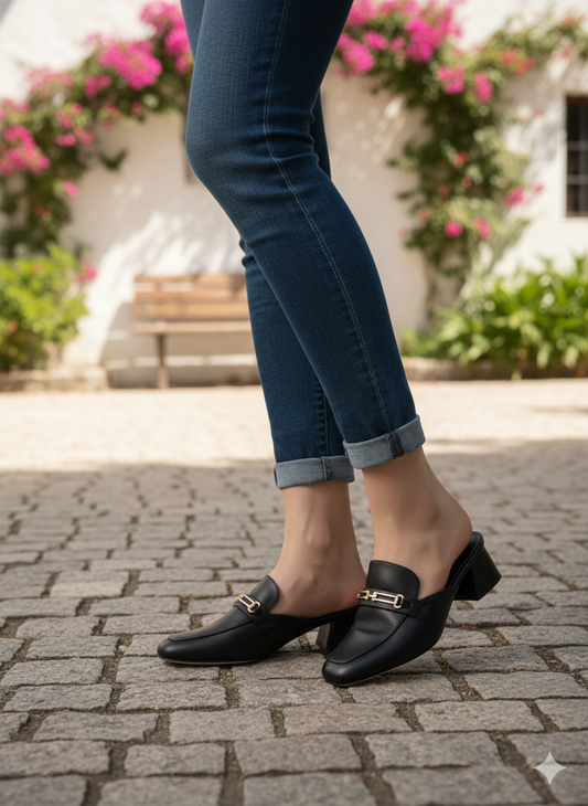 Black Gold-Link Mid-Heel Mules
