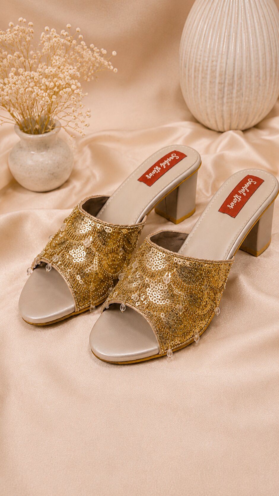 Twinkle Pearl Golden Block Heels