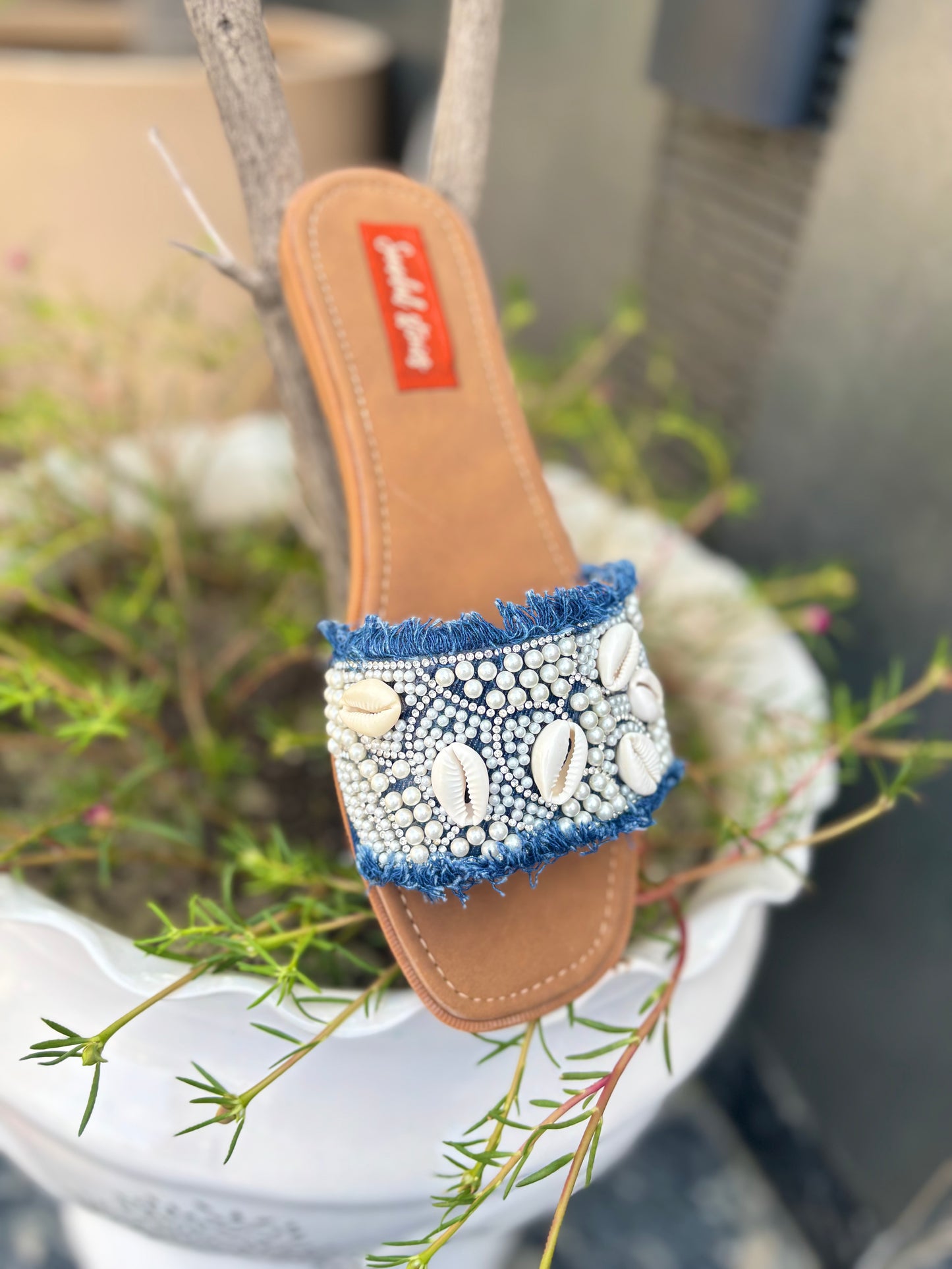 Boho Shell & Pearl Denim Slides