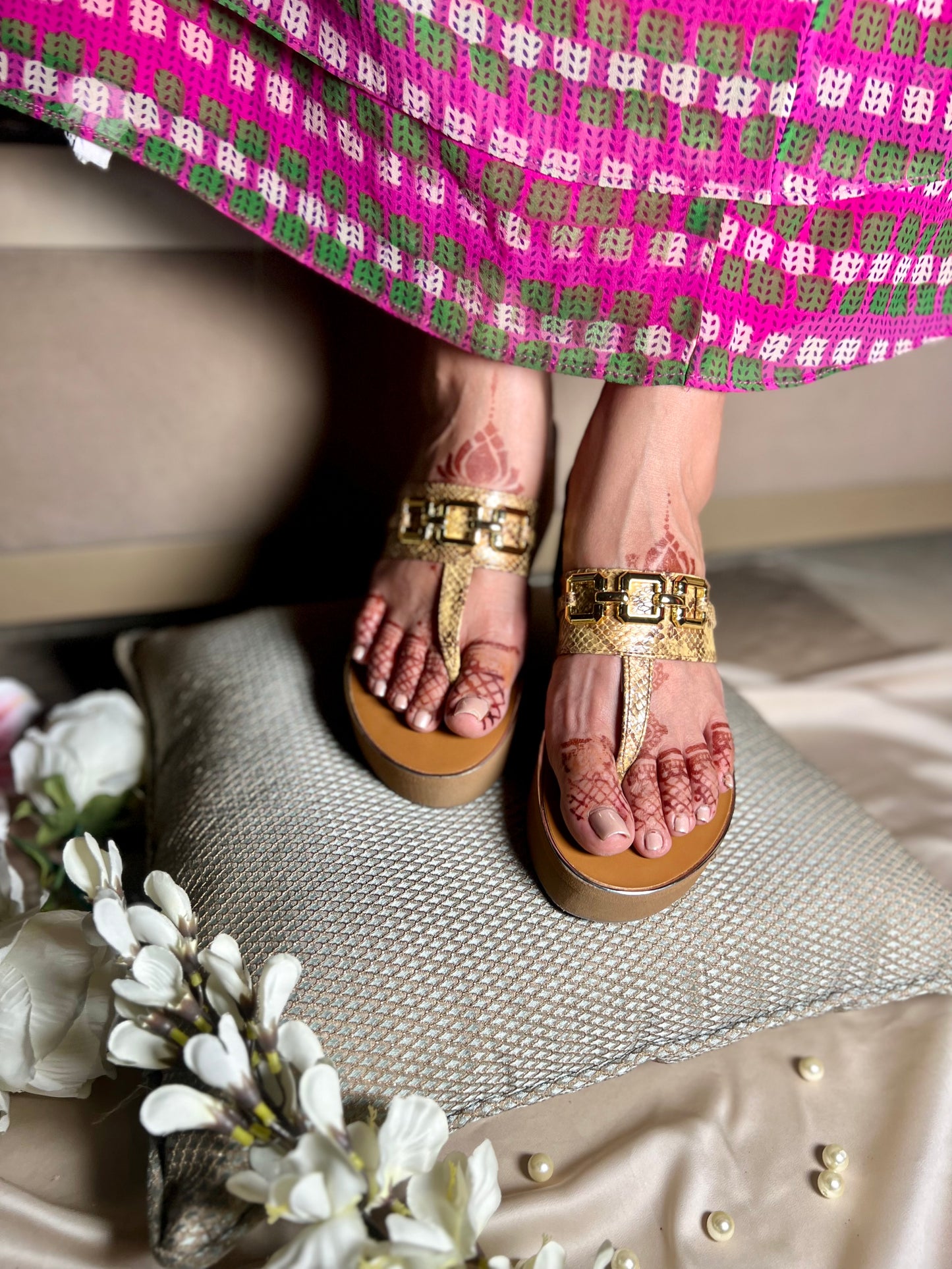 Luxe Gold Buckle Platforms - Beige