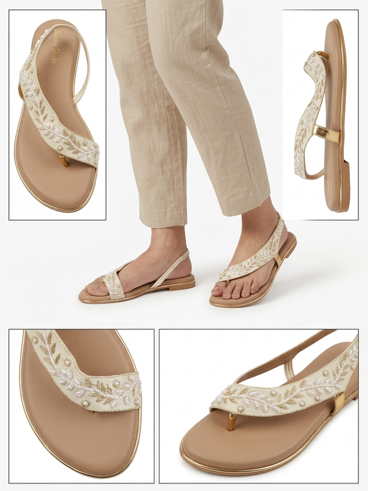 Ivory Pearl Embroidered Anklet Flats