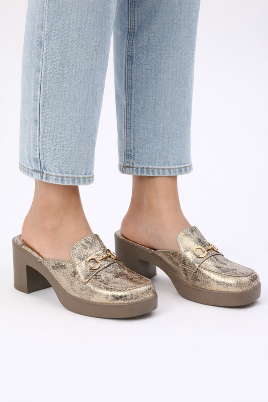Gold Foil Block Heel Mules