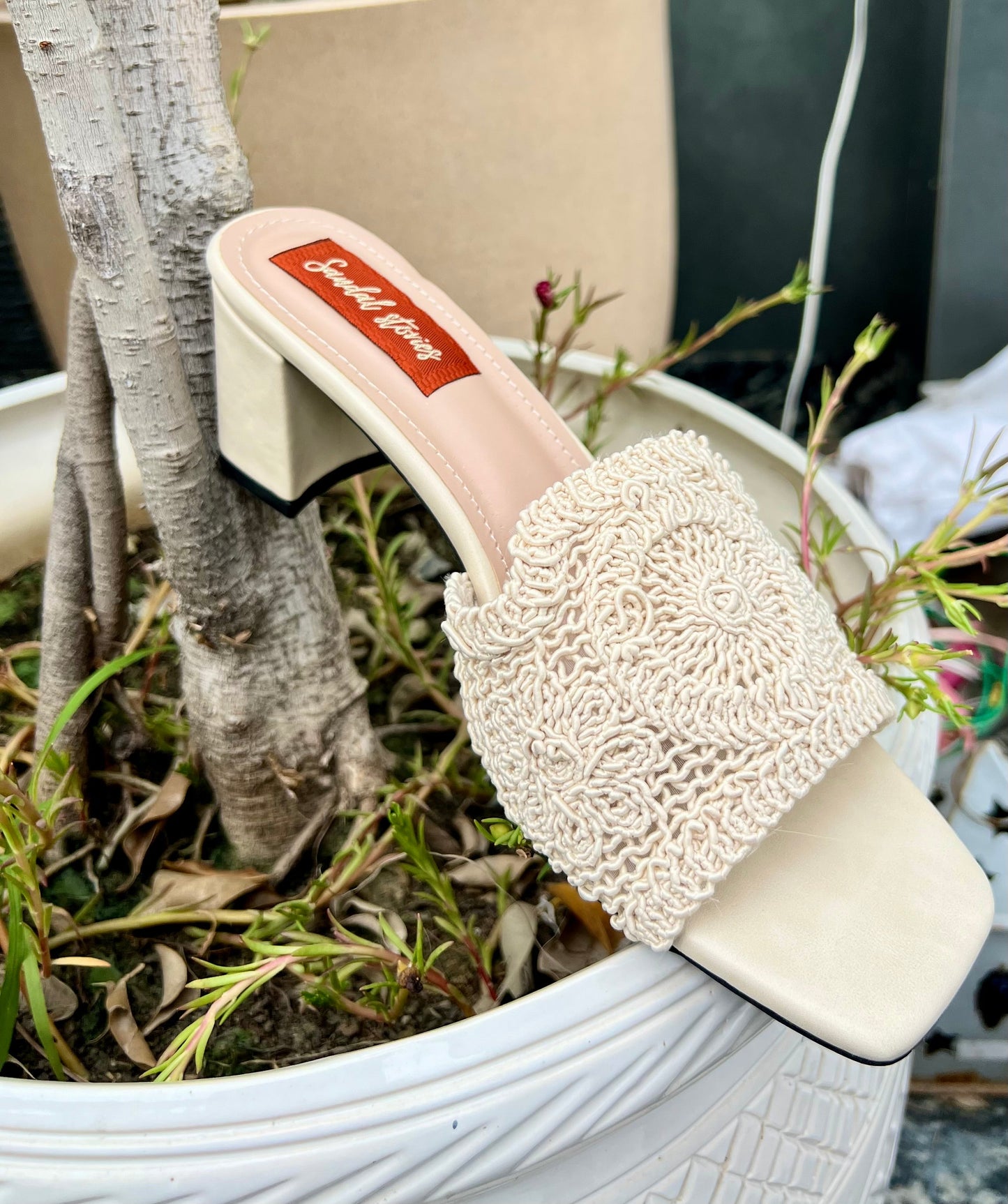 Ivory Crochet Block Heels Sandal Stories
