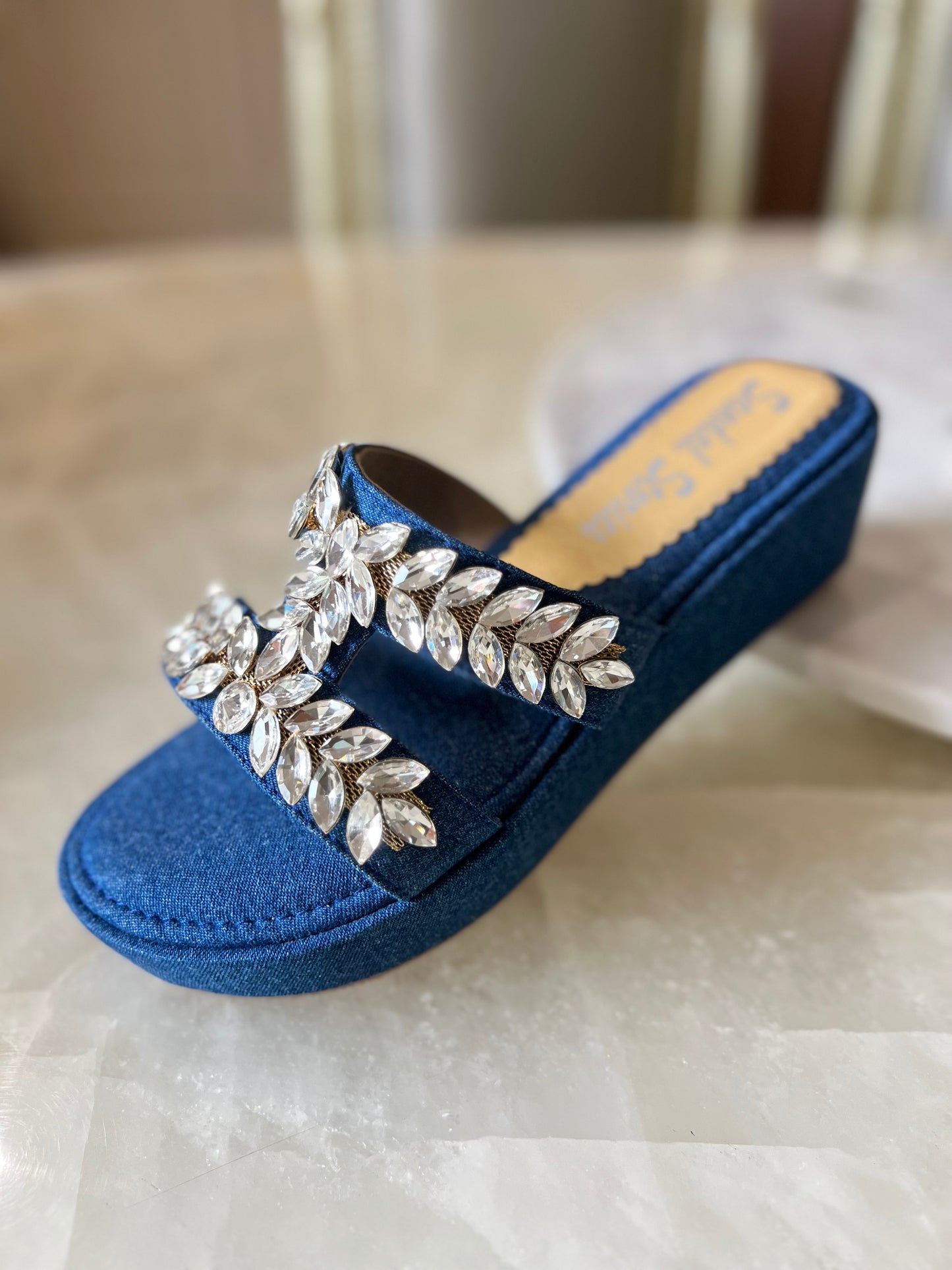 Denim Embellished Comfort Wedges