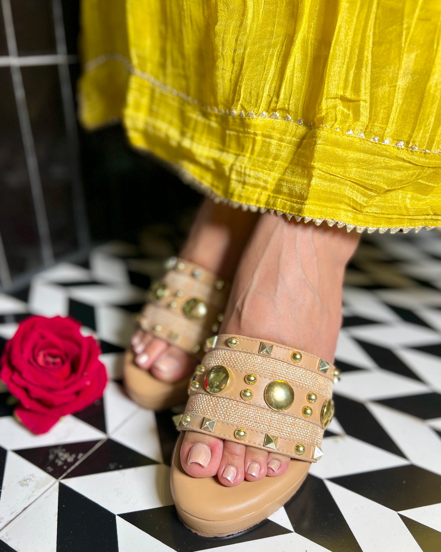 Beige Studded Platform Wedges