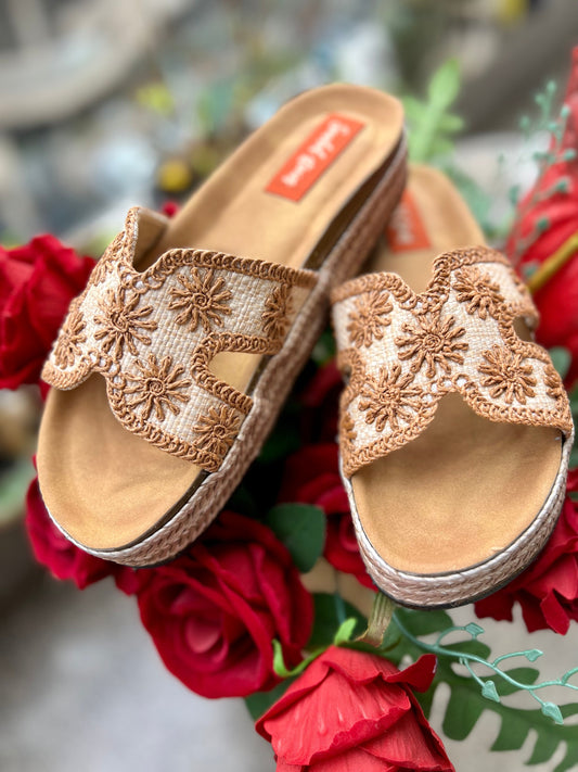 Rust Blossom Embroidered Wedges Sandal Stories