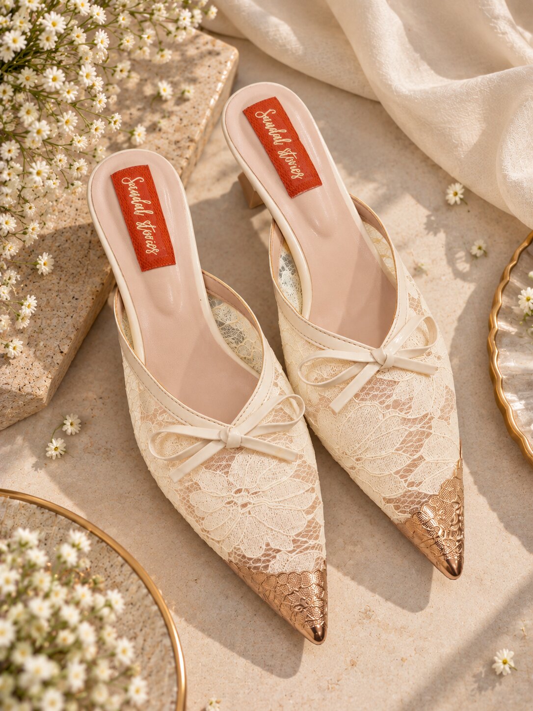 Lace Bow Pointed Mules - Ivory | Kitten Heels