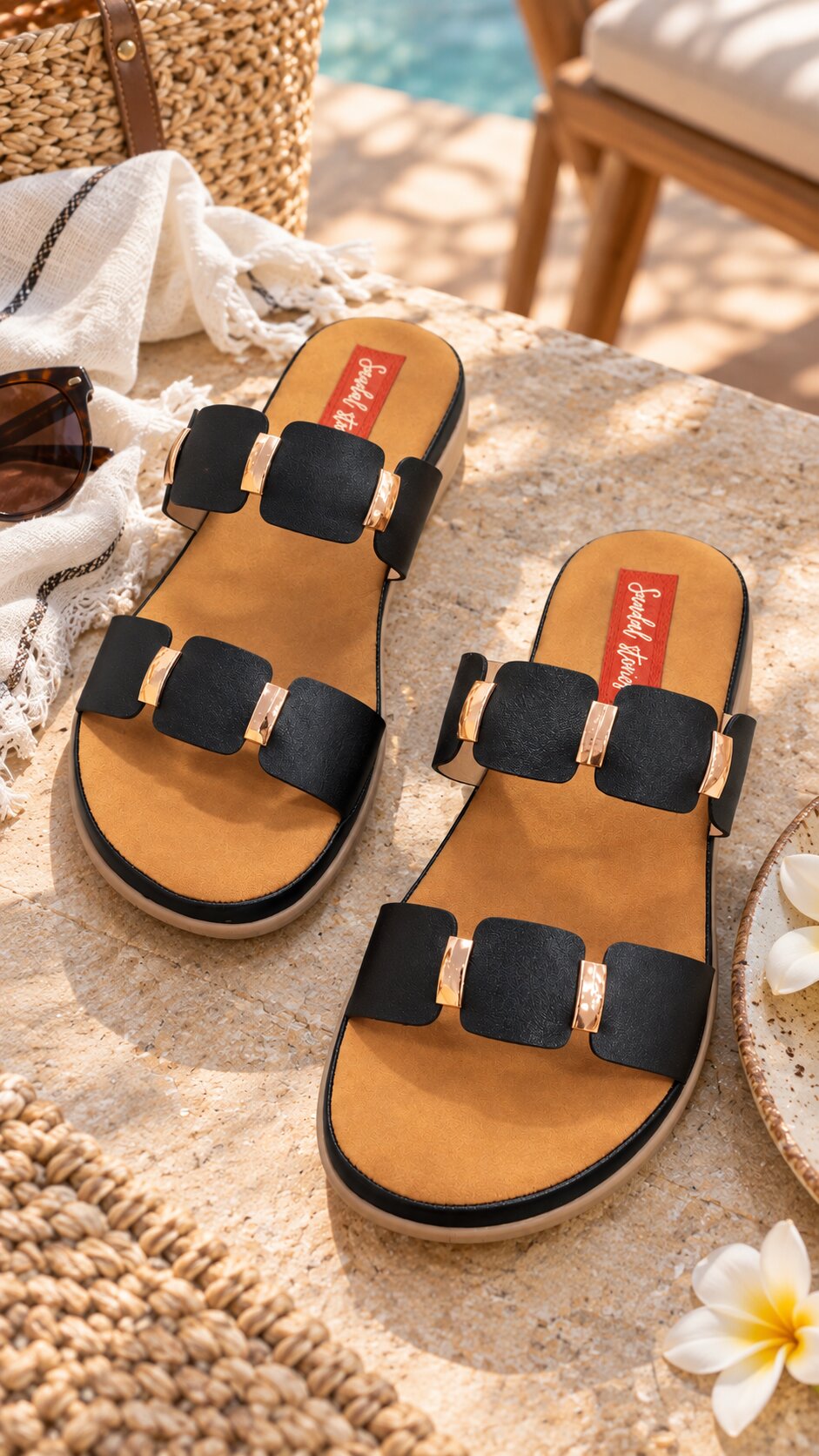 Black Gold Buckle Comfort Sliders