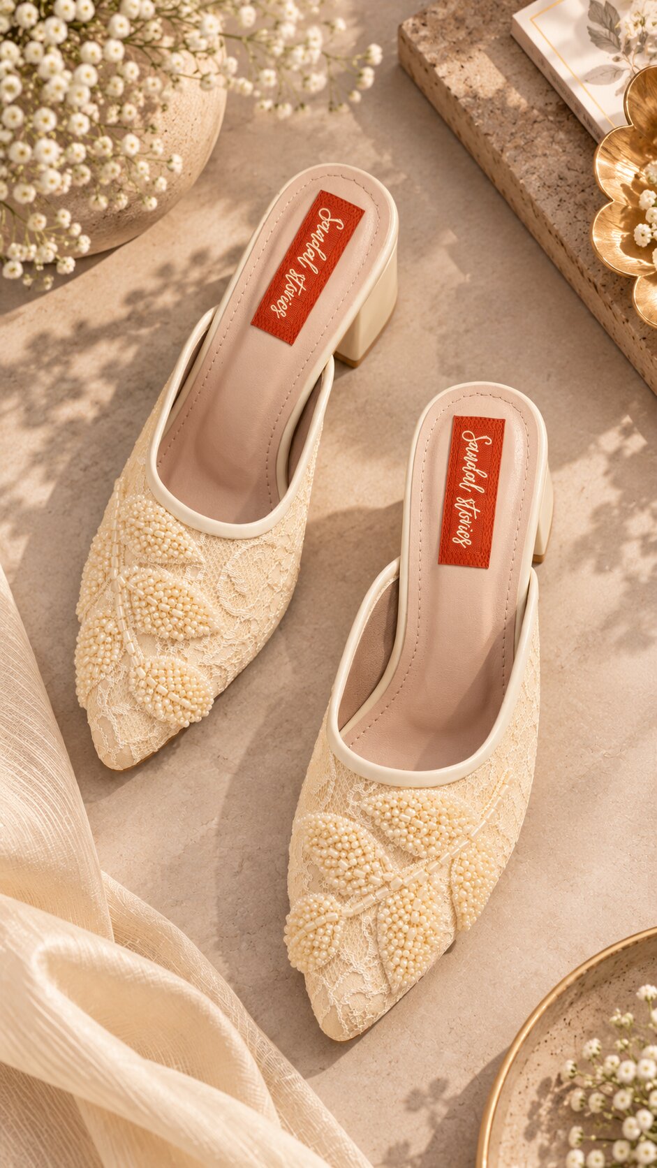 Pearl Lace Embellished Mules - Ivory | 2 Inch Block Heels