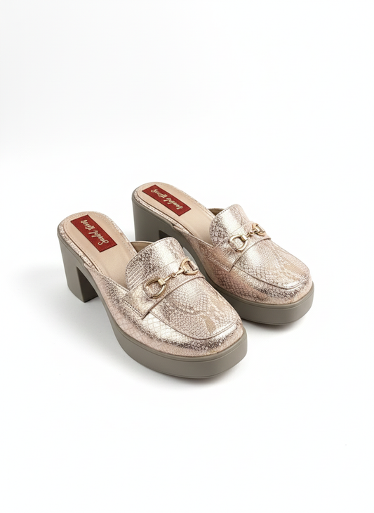 Rose Gold Foil Block Heel Mules