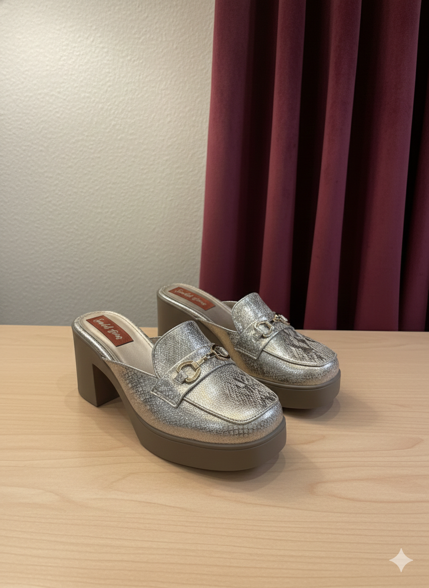 Gold Foil Block Heel Mules