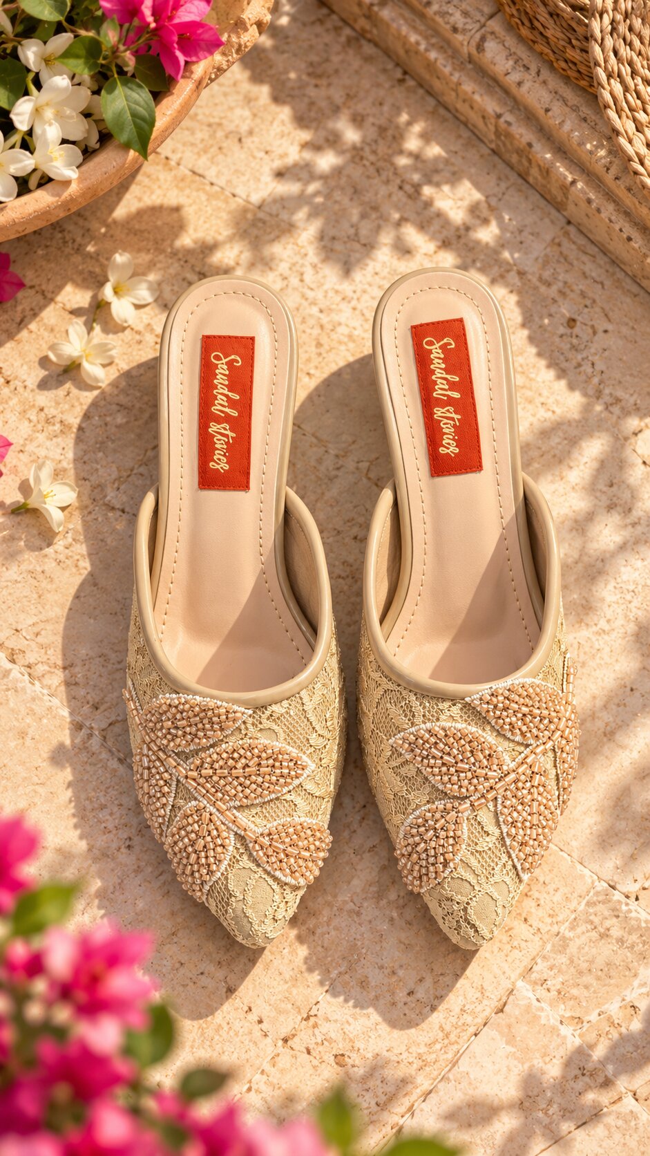 Pearl Lace Embellished Mules - Beige | 2 Inch Block Heels