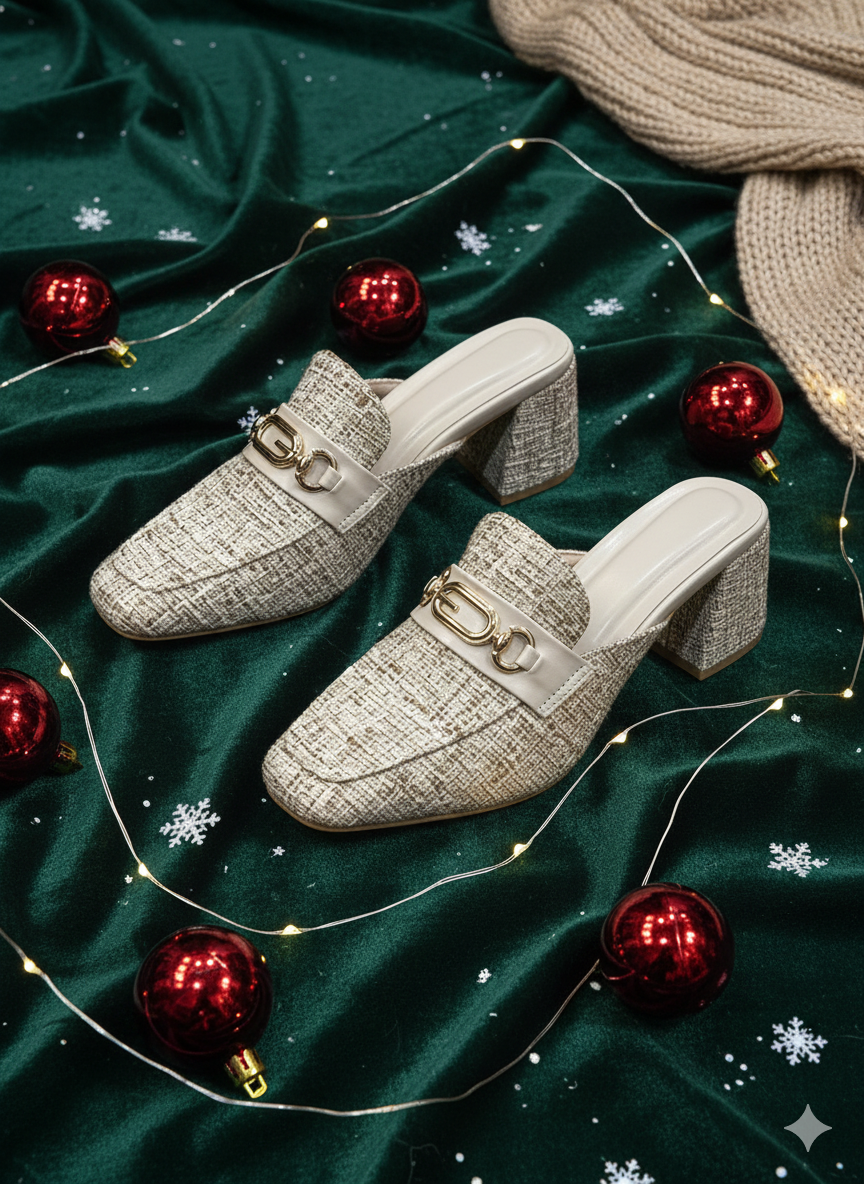 Ivory Tweed Chain-Detail Mules