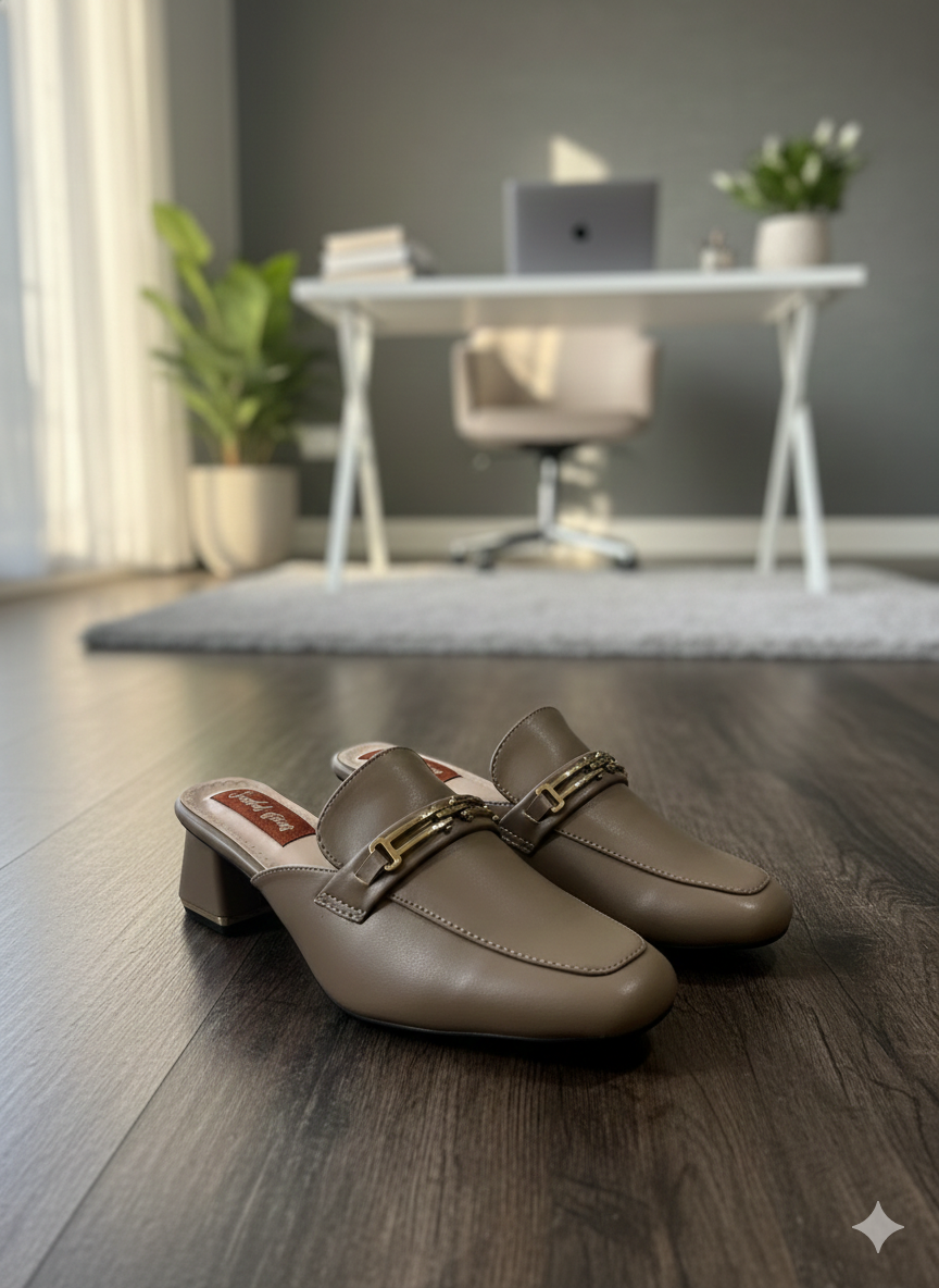 Taupe Gold-Link Mid-Heel Mules