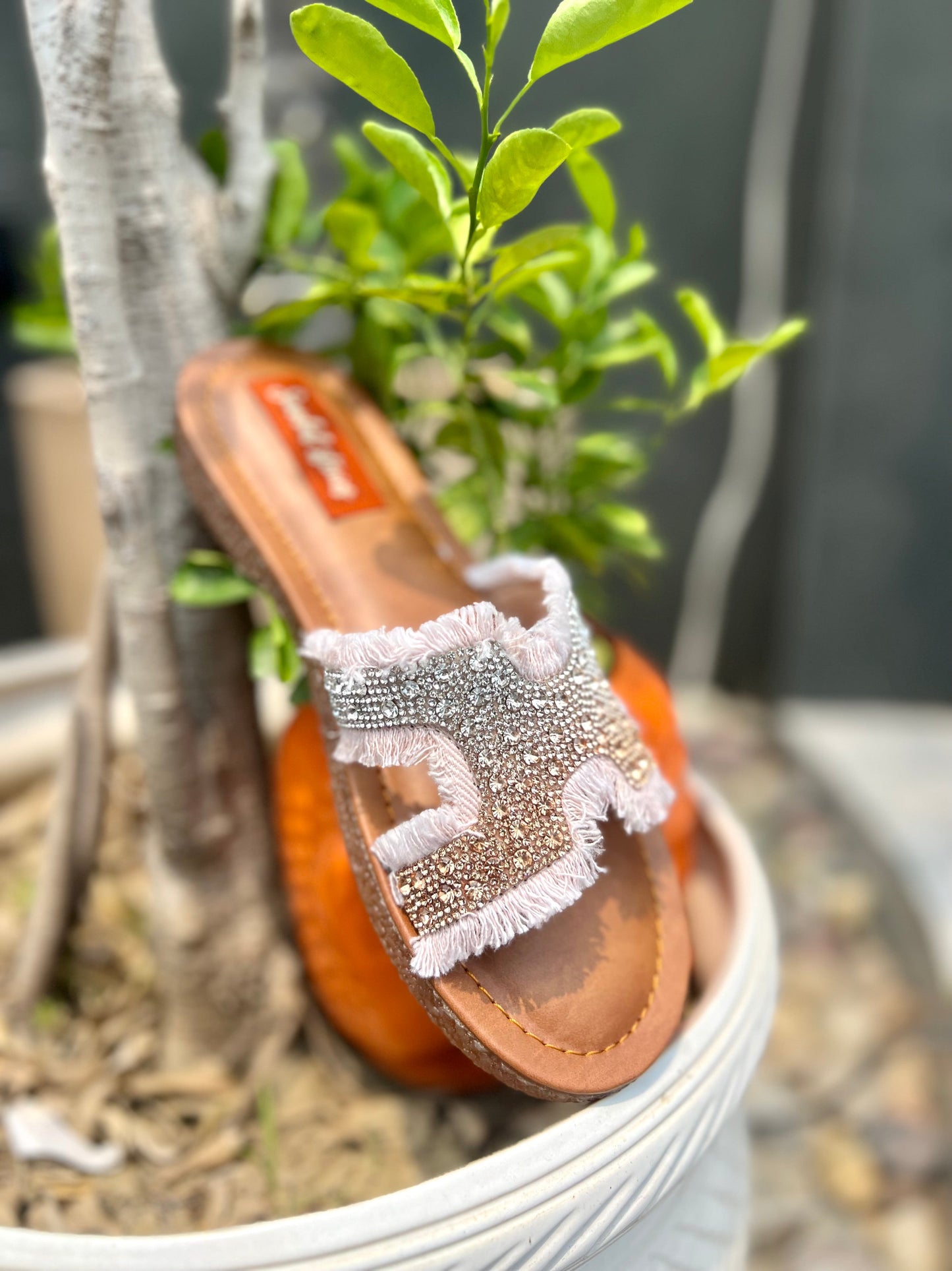 Pink Denim Chic Crystal Glam Slides Sandal Stories
