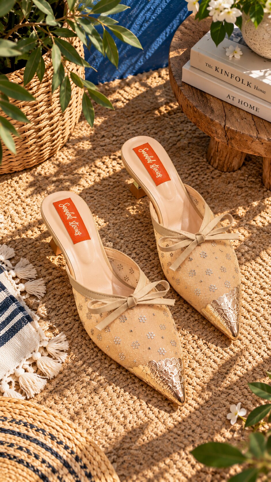 Embellished Mesh Kitten Heels with Statement Gold Accessories - Beige
