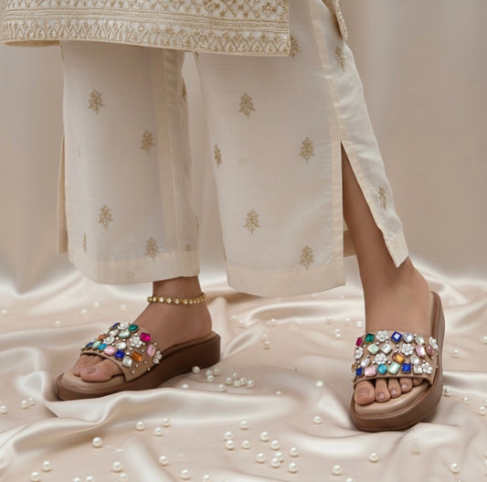 Multicolor Jewel-Embellished Nude Wedges