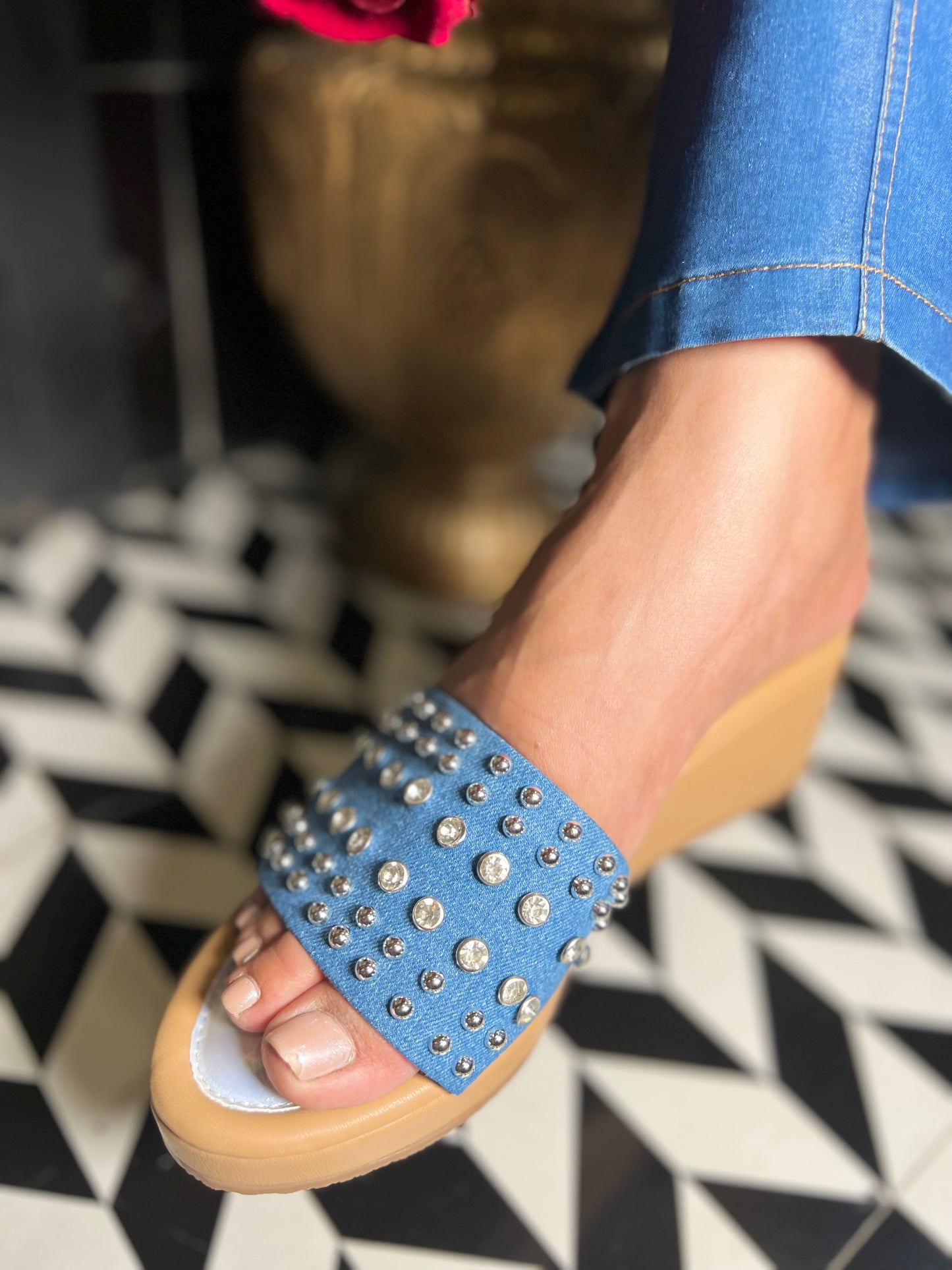 Blue Studded Denim Embellished Wedges