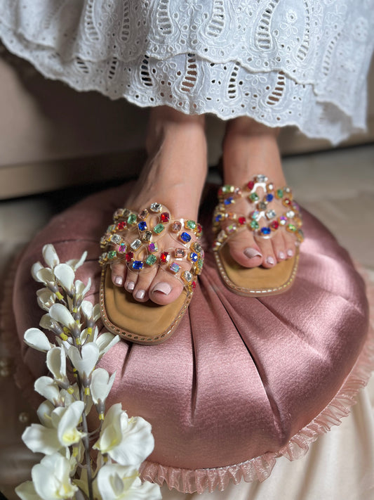 Crystal Chic Strappy Flats - Rainbow