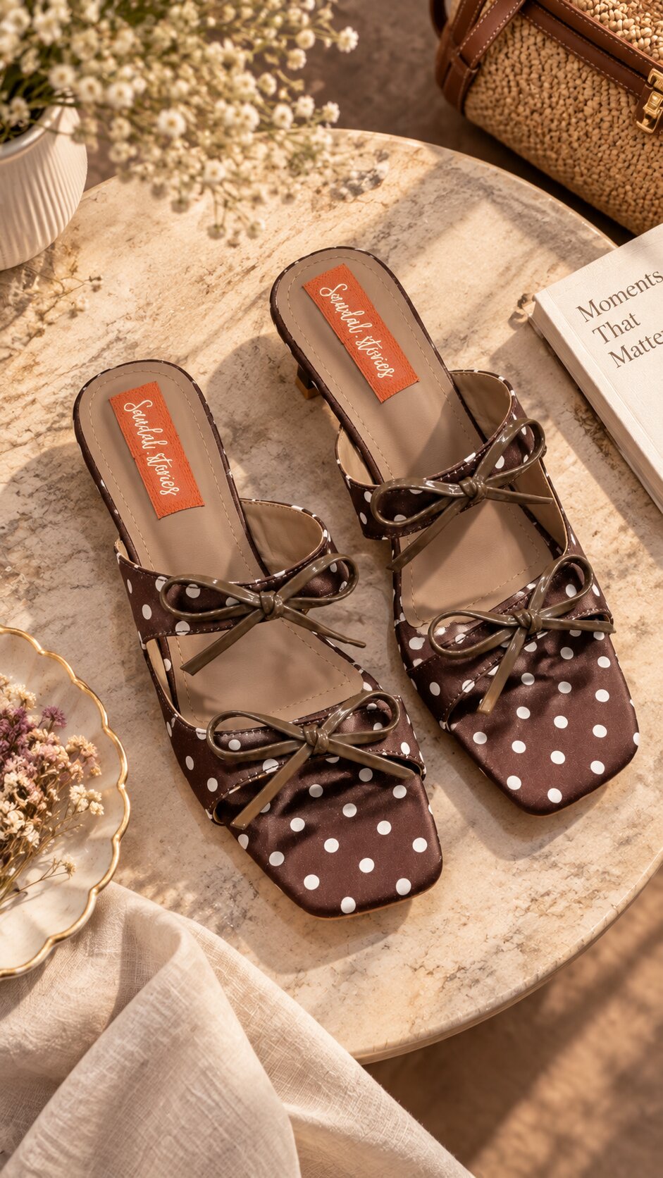 Chocolate Polka Bow Grace Kitten Heels