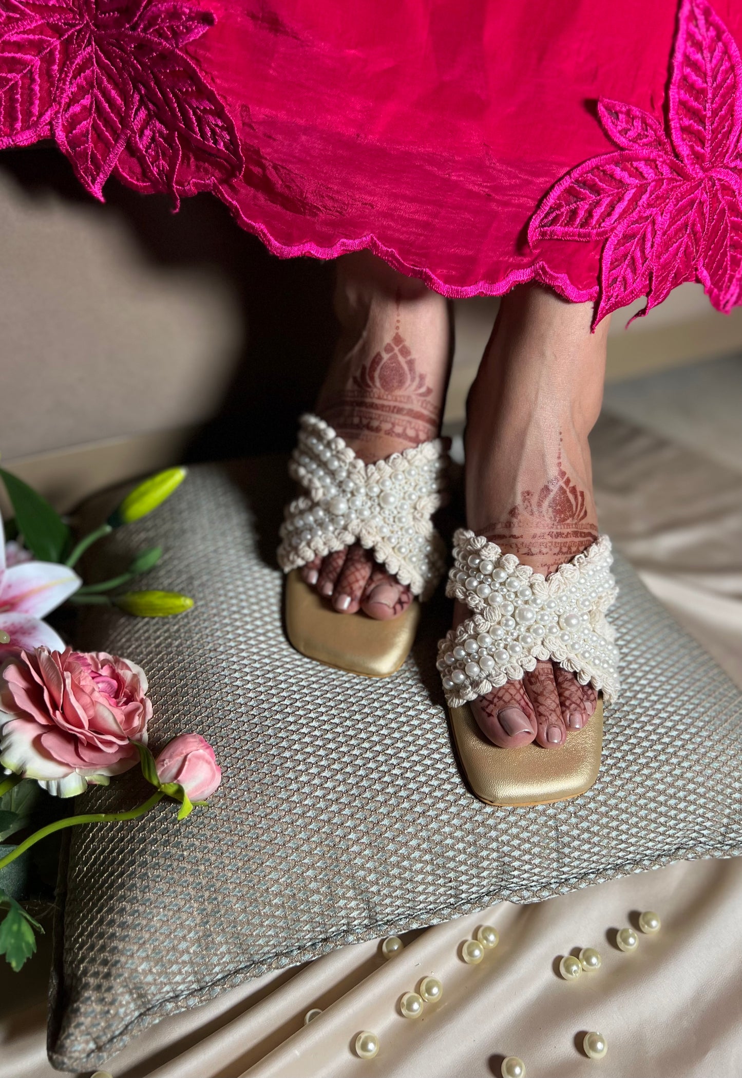 Ivory Pearl Cross Strap Block Heels