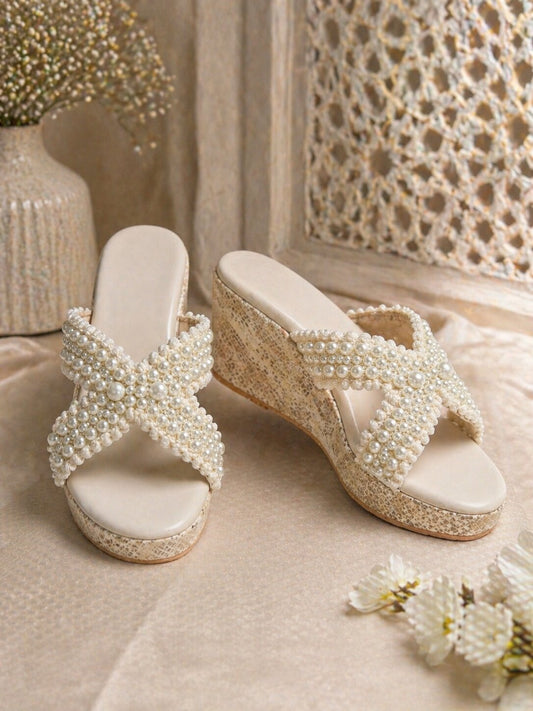 Ivory Pearl Embellished Wedges | 2.5 Inch