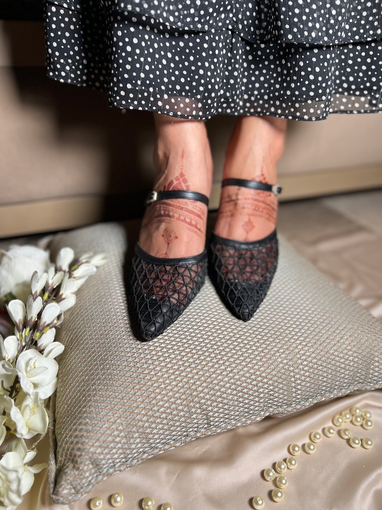 Midnight Mesh Pointed-Toe Kitten Heels