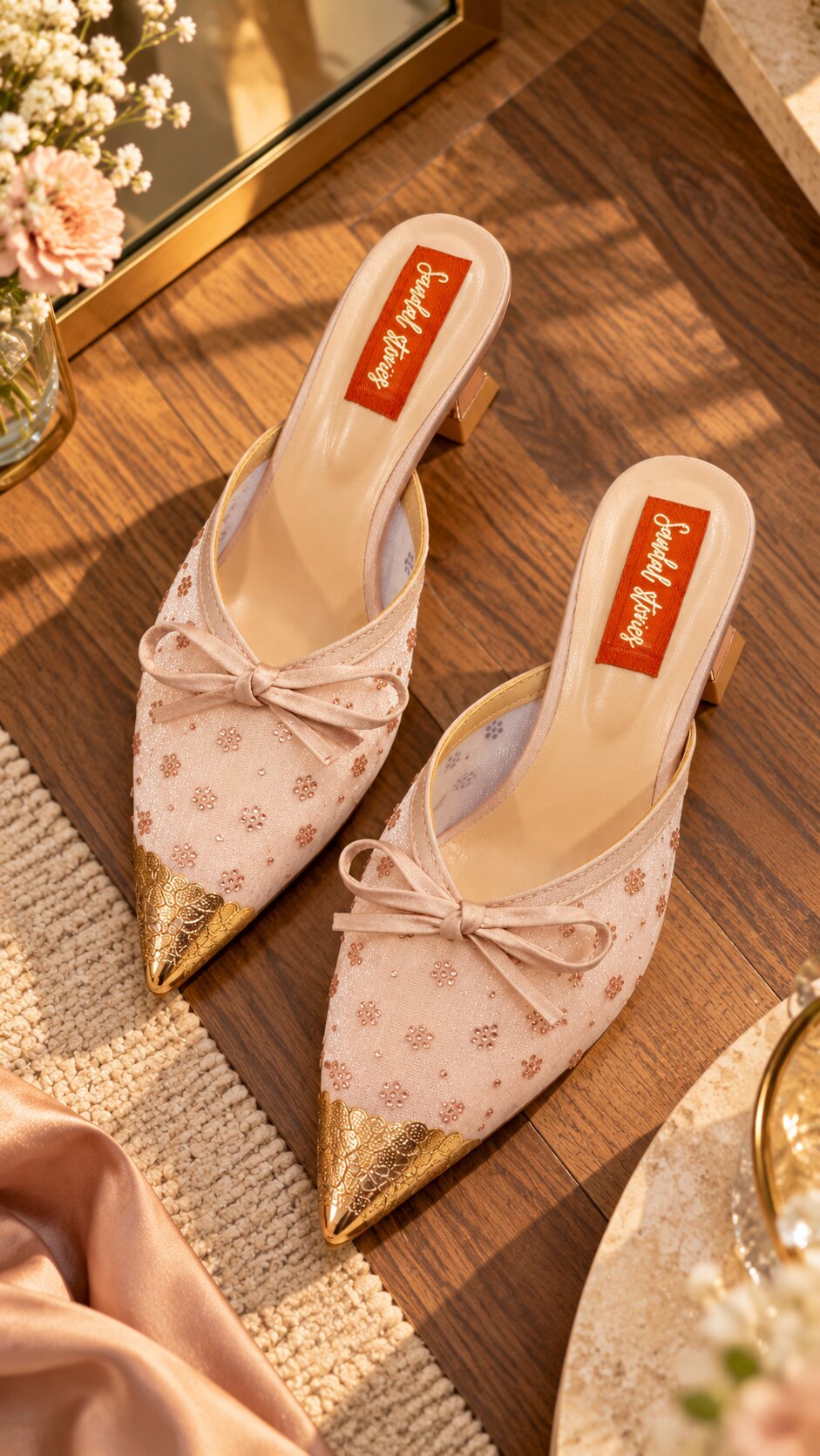 Embellished Mesh Kitten Heels with Statement Gold Accessories - Blush Pink