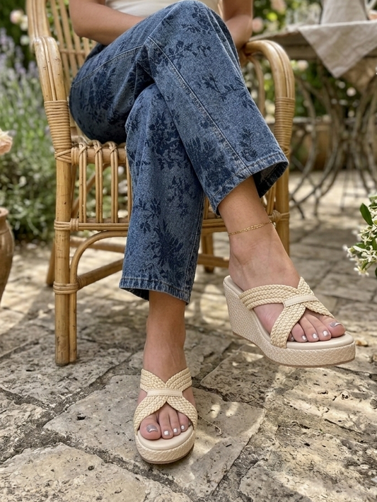 Beige Braided Statement Wedge - 3 Inch