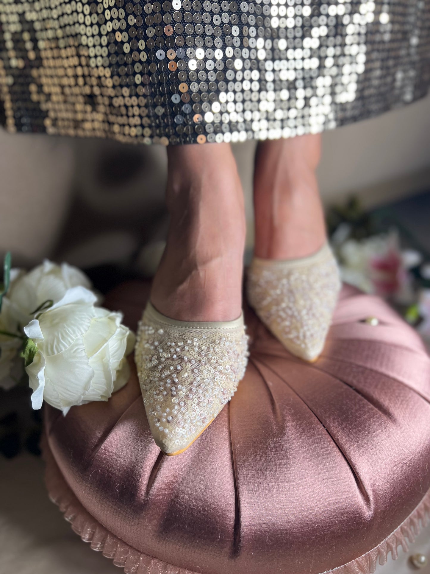 Pearl Sequin Pointed-Toe Heels