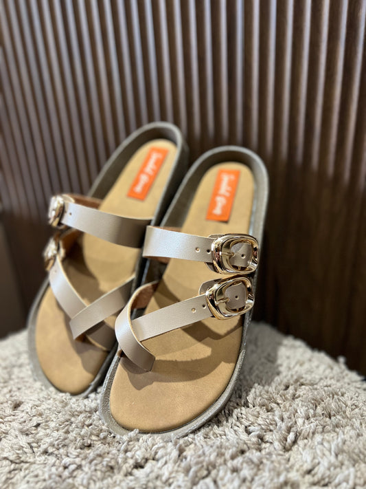 Beige Dual-Buckle Comfort Flats