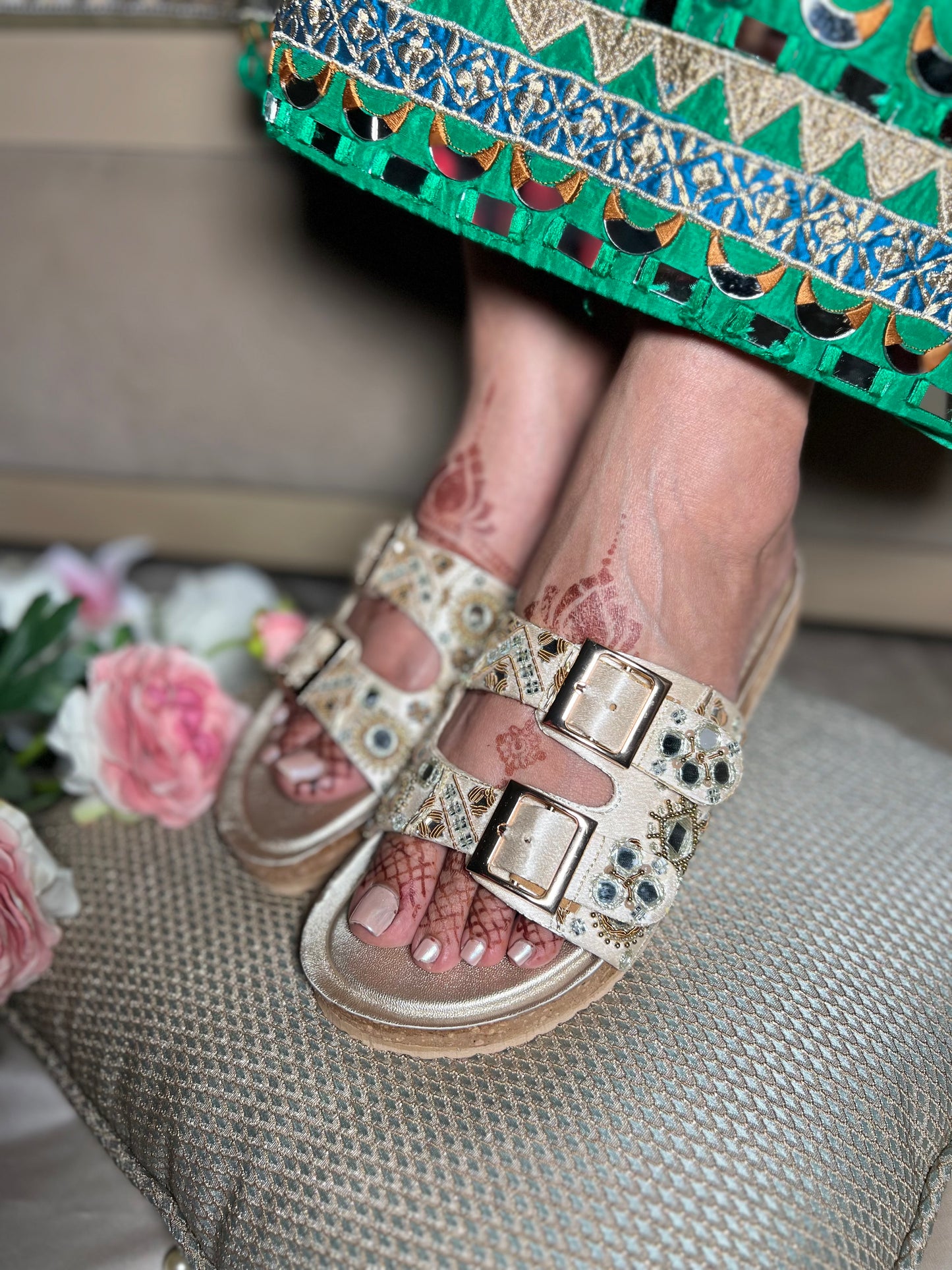 Mirror Glam Embroidered Crock Sole Comfort Sliders