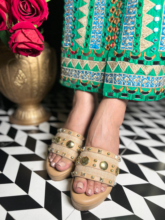 Beige Studded Platform Wedges