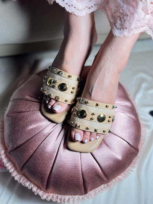 Studded Glam Beige Flats Sandal Stories
