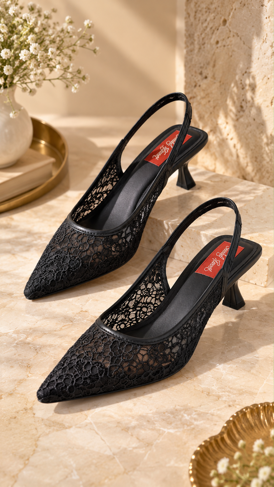 Midnight Bloom Lace Slingback Heels | 2 Inches