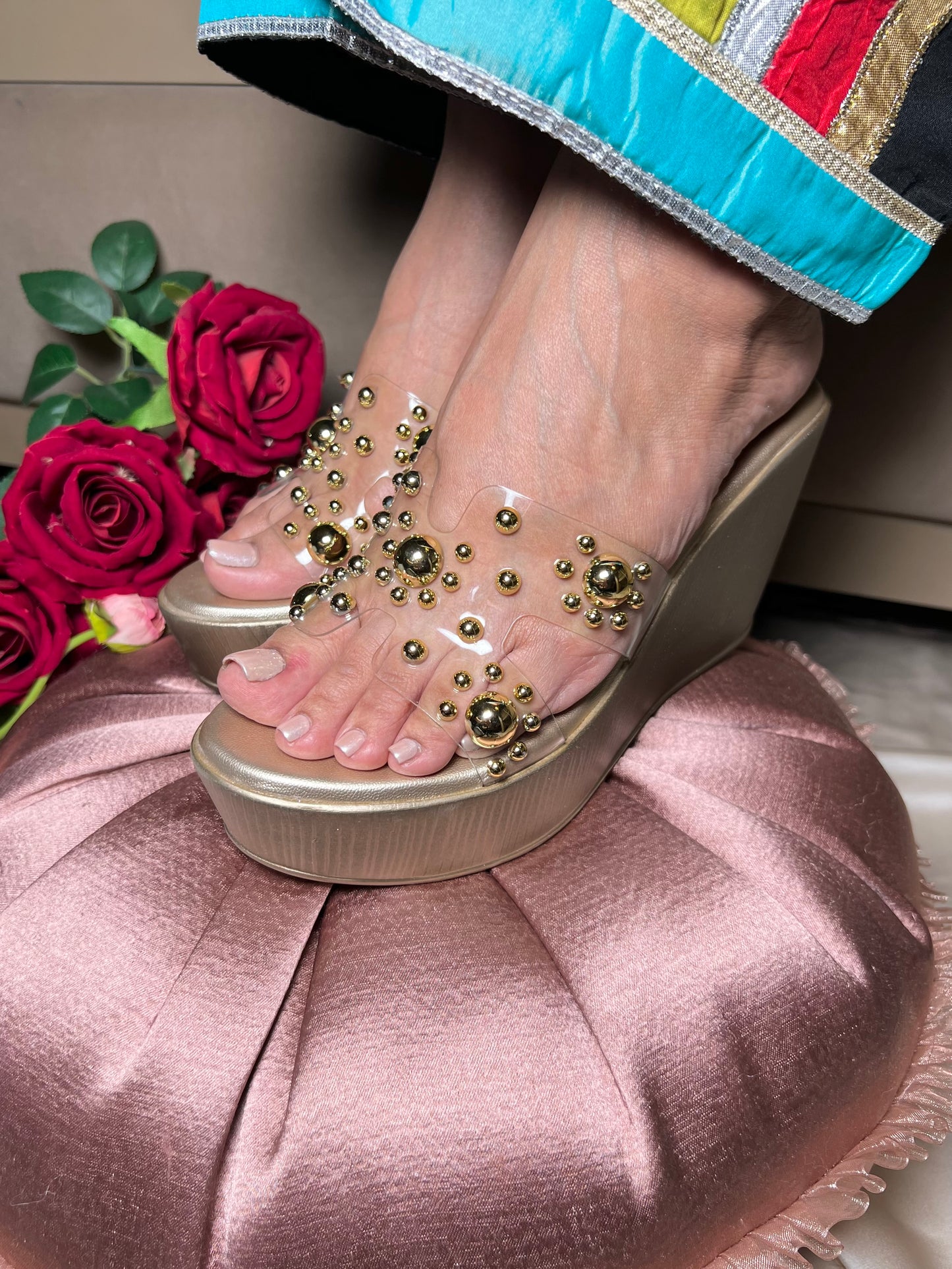 Golden Glam Studded Wedges