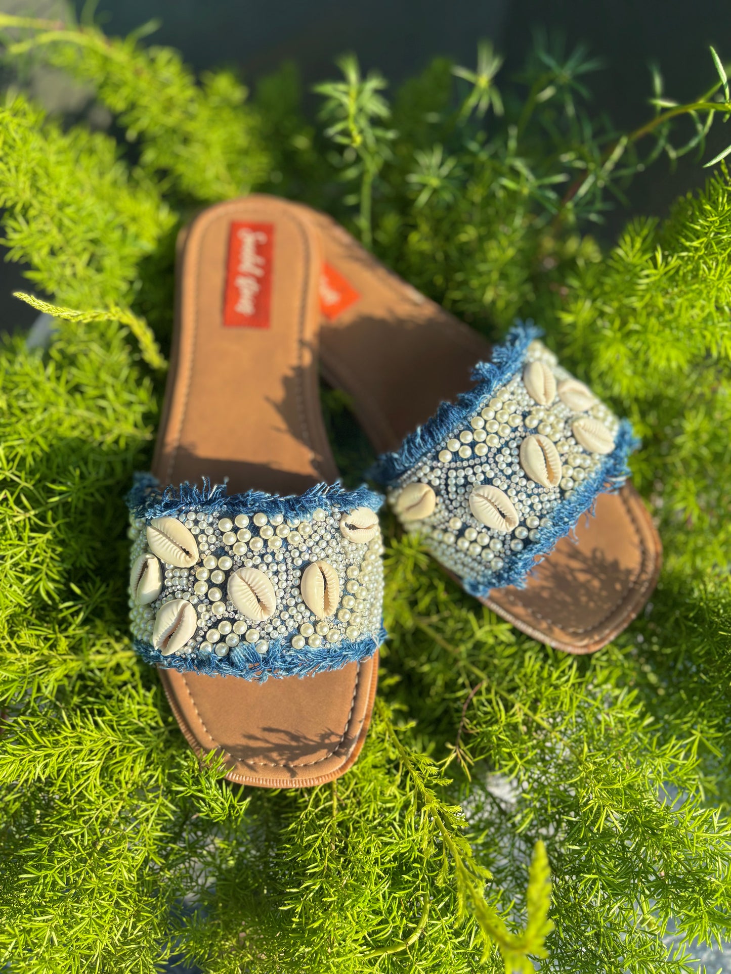 Boho Shell & Pearl Denim Slides