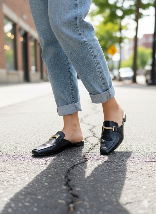 Black Croc-Texture Buckle Mules