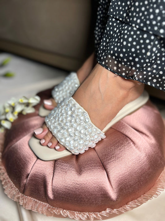White Pearl Embellished Flat Sandal Stories