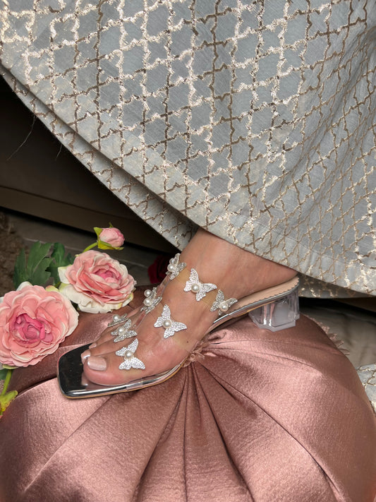 Butterfly Charm Transparent Block Heels - Silver