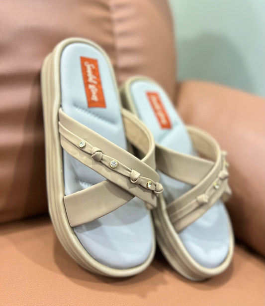 Soft Beige Crystal Cross Wedges Sandal Stories