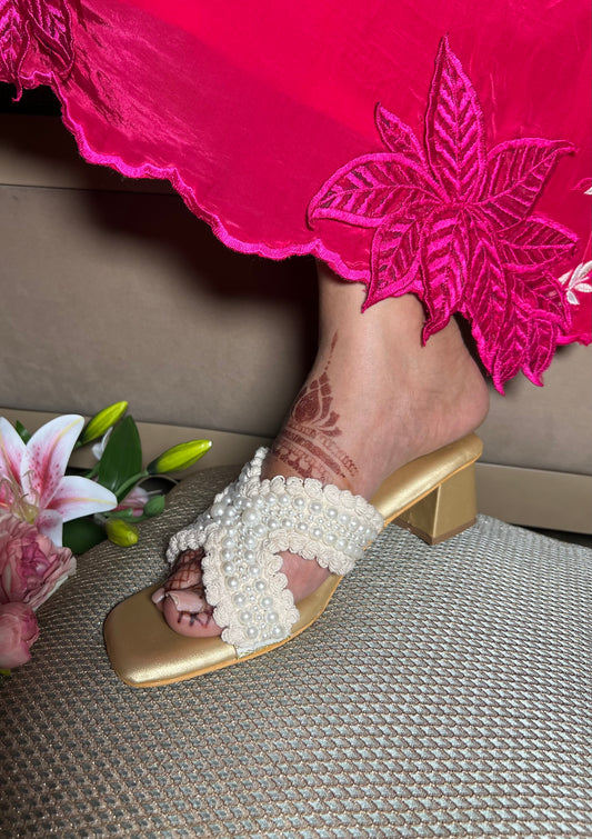 Ivory Pearl Cross Strap Block Heels