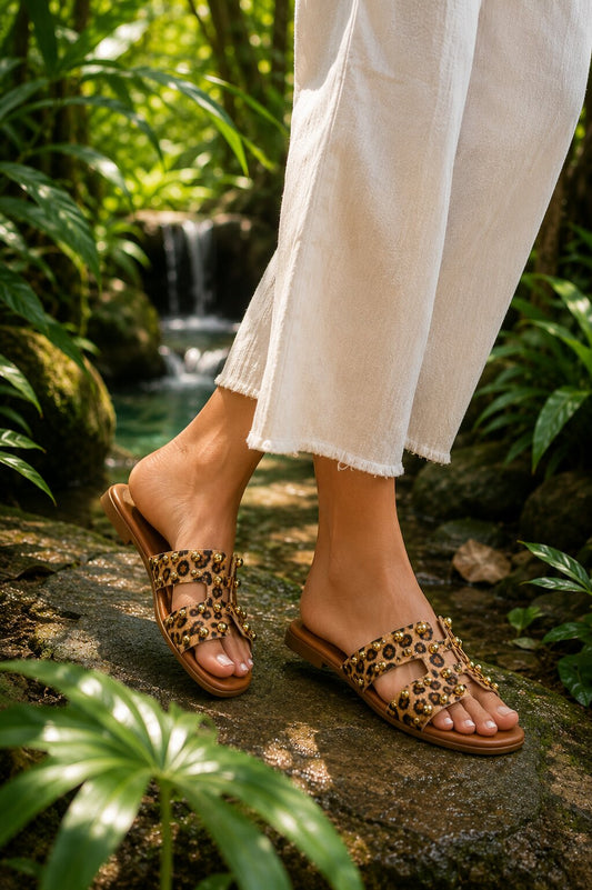 Leopard Print Studded H-Cut Flats