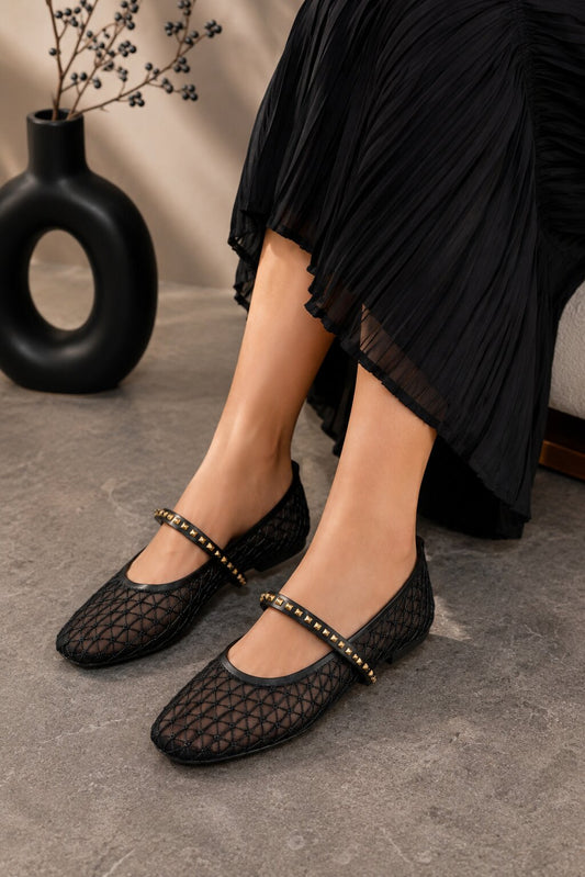 Black Mesh Mary Jane Ballerinas