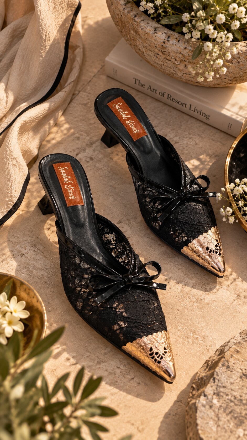 Lace Bow Pointed Mules - BLACK | Kitten Heels