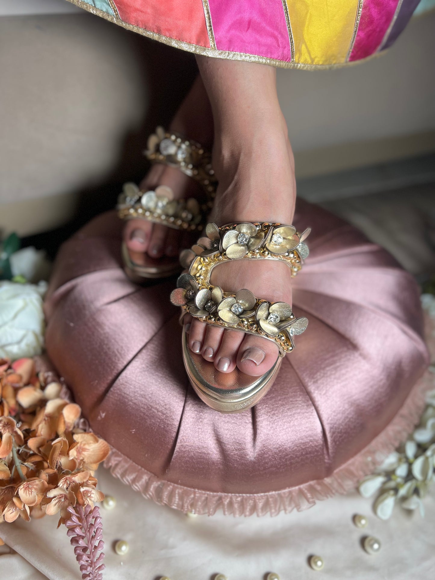 Golden 3D Flower Embellished Wedges